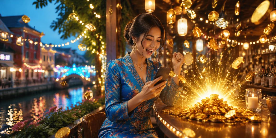 A female player in baju kurung from Melaka playing slot games on the 5305 platform on her smartphone